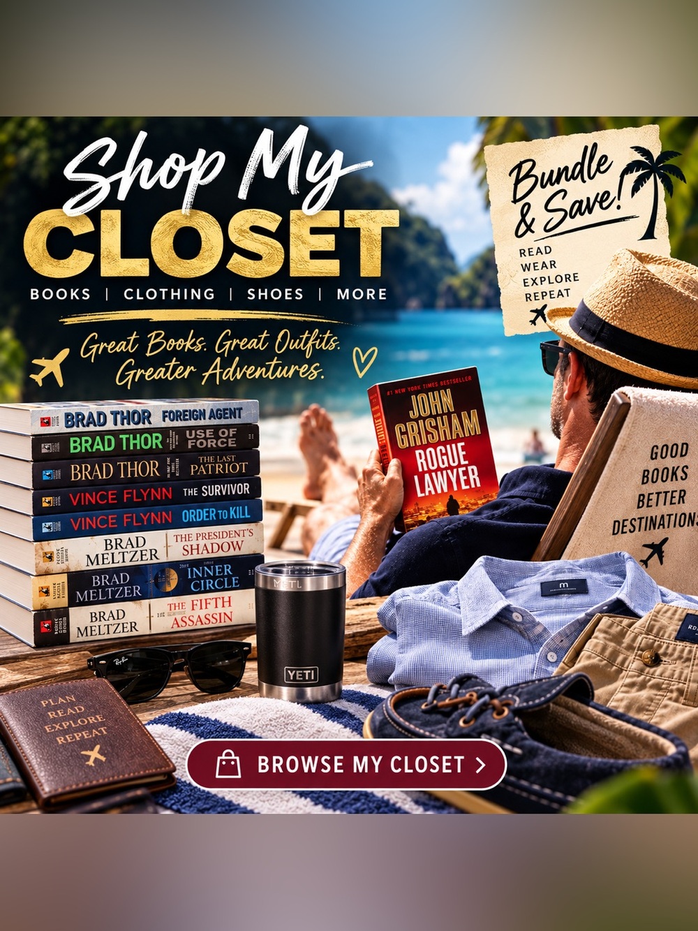 📚Shop My Closet — Thrillers + Vacation Style” or “Bundle Books + Clothing Save